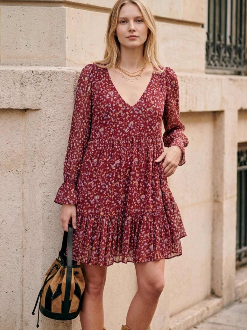 Sézane Red Floral Long-Sleeve Mini Dress
